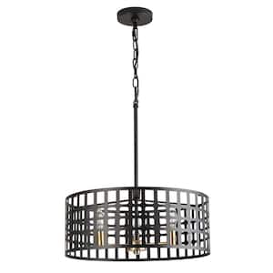 3-Light Black and Gold Metal Matte Painting Cage Decorative Chandelier Pendant Light for Living Dining Room