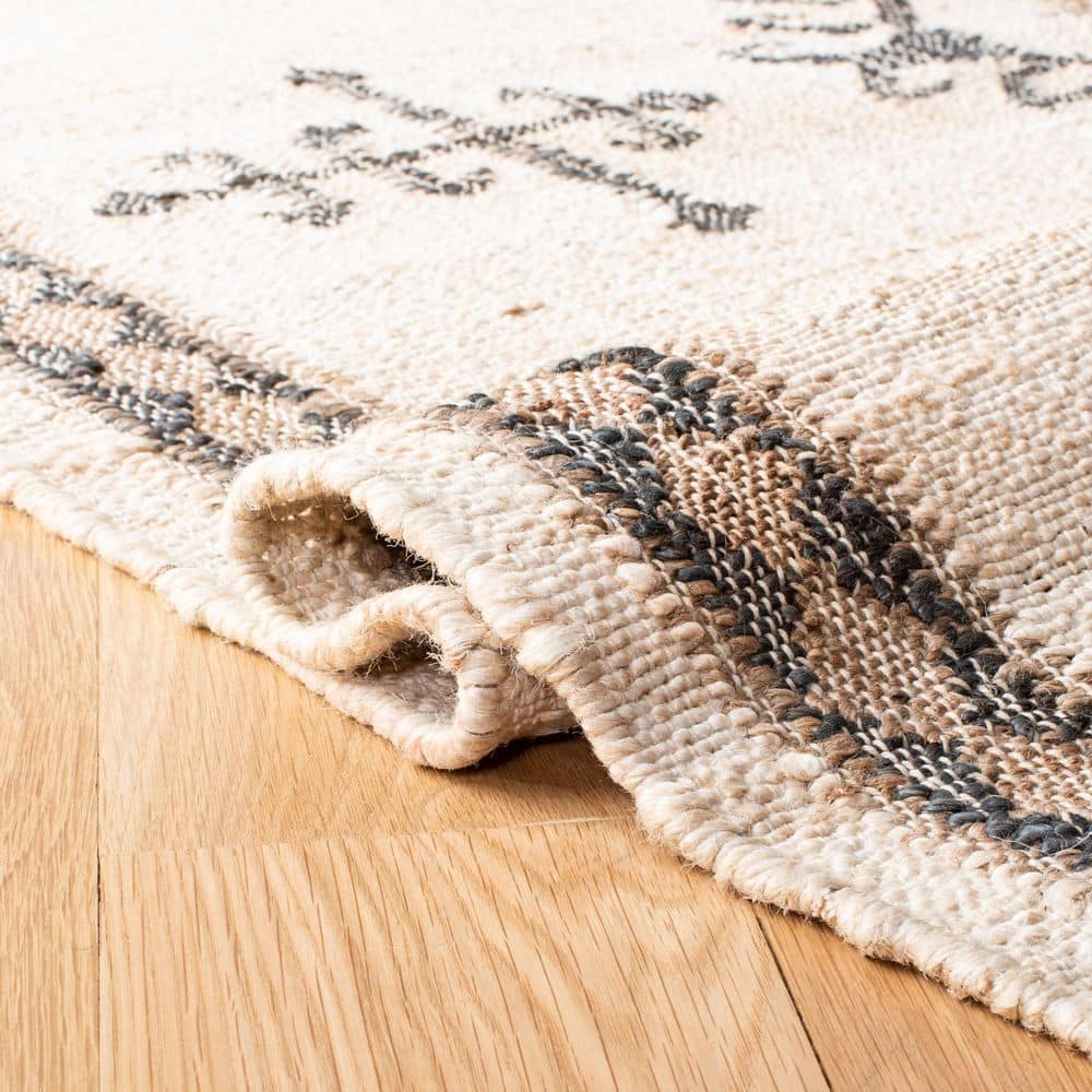 Ivory and Black Handmade Wool Tribal Area Rug, 9' x 12'