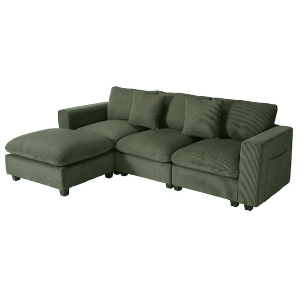 Hamilton 99 in. Square Arm 4-Piece Corduroy Upholstered Modular Sectional Sofa Set w/ USB Charge Port in. Olive Green