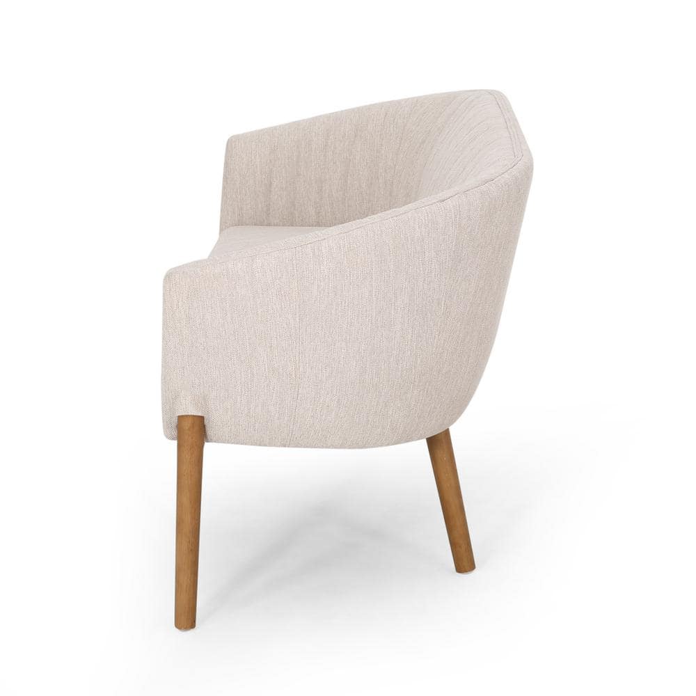 Mid-Century Beige Fabric Loveseat with Channel Stitching and Wood Frame