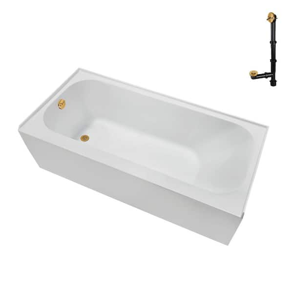 66 in. x 32 in. Soaking Acrylic Alcove Bathtub with Left Drain in Glossy White, External Drain in Brushed Gold