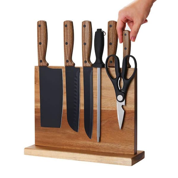 Magnetic Knife Holder Rack Acacia Wood Double Sided Magnetic Knife Storage Stand with Anti Skid Base for Kitchen
