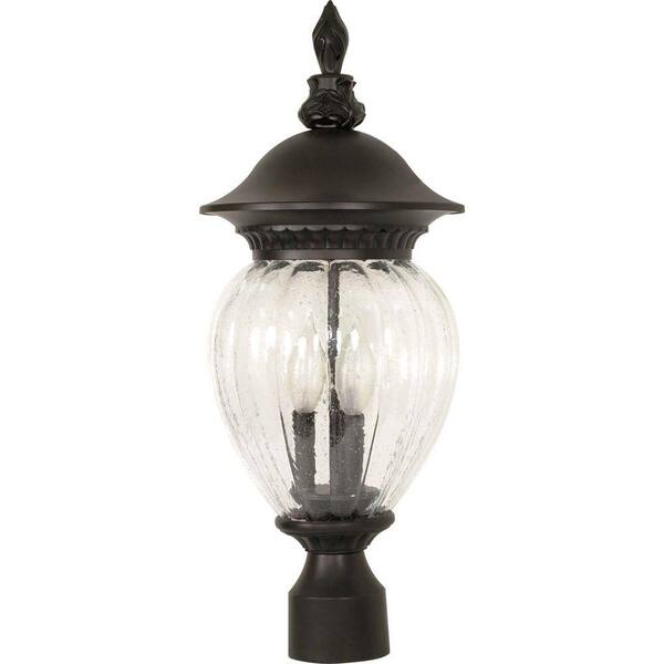 Glomar Balun 3-Light 22 in. Post Lantern withClear Melon Seed Glass Finished in Chestnut Bronze-DISCONTINUED