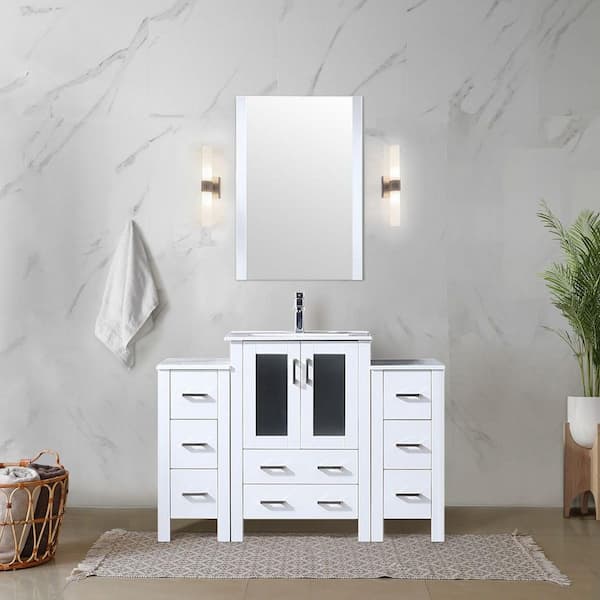 Volez 48 in W x 18.25 in D White Bath Vanity with Side Cabinets, Faucet Set, White Ceramic Top, & 22 in Mirror