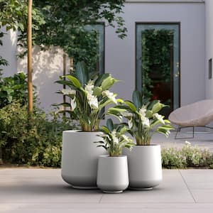 15.5" x 12" x 8.5" Dia Crisp White Extra Large Tall Round Concrete Plant Pot/Planter for Indoor and Outdoor Set of 3