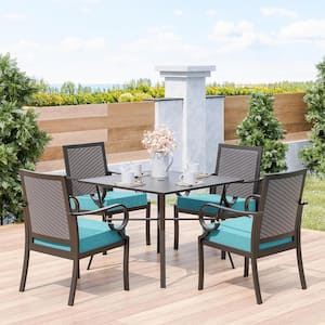 5-Piece Metal Patio Outdoor Dining Set with Rattan Woven Backrest,4 Chairs, Large Table, Umbrella Hole and Blue Cushions