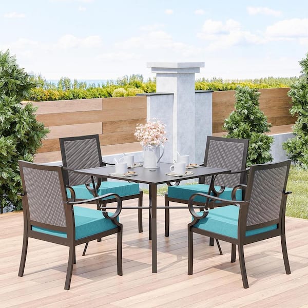 5-Piece Metal Patio Outdoor Dining Set with Rattan Woven Backrest,4 Chairs, Large Table, Umbrella Hole and Blue Cushions