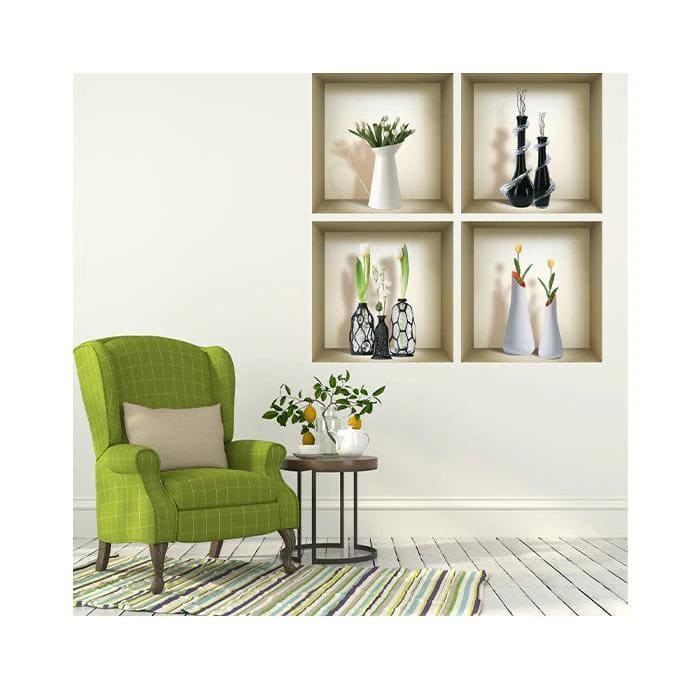Set of Four 12 x 12 Inch Beige and Black Faux Niche 3D Wall Decals