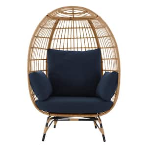 Lucinda 40 in. W Natural Oversized Wicker Egg Chair, Indoor/Outdoor Patio Chair with Navy Blue Cushions