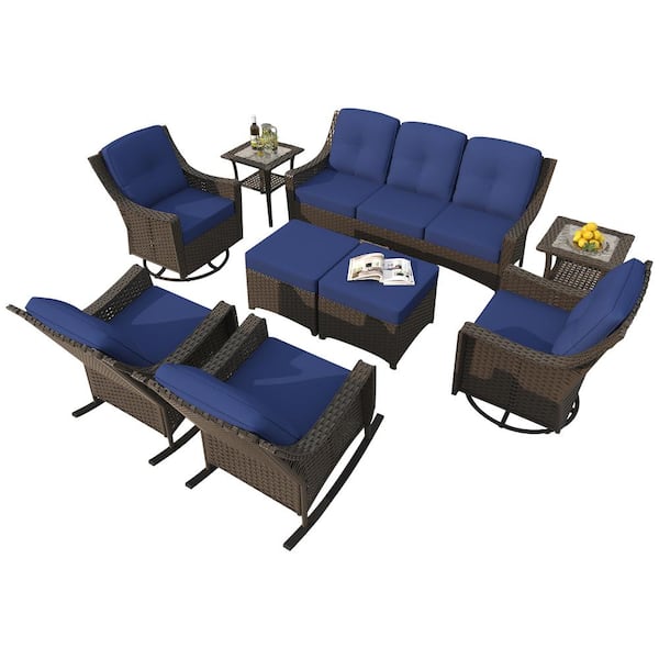 9-Piece Wicker Patio Set with Blue Cushions, Sofa, Rocking Chairs, Swivel Chairs, Ottomans, and Table