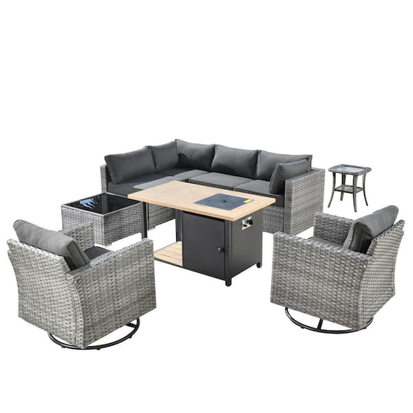 Sanibel Gray 9-Piece Wicker Outdoor Patio Conversation Sofa Sectional Set with a Storage Fire Pit and Black Cushions