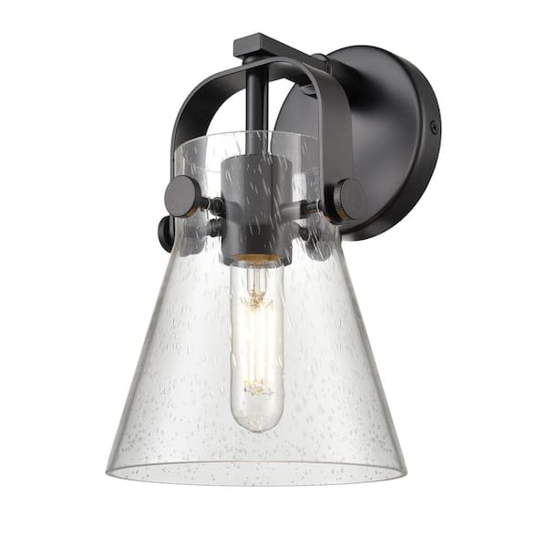 Innovations Pilaster II Cone 6.5 in. 1-Light Matte Black Wall Sconce with Glass Shade