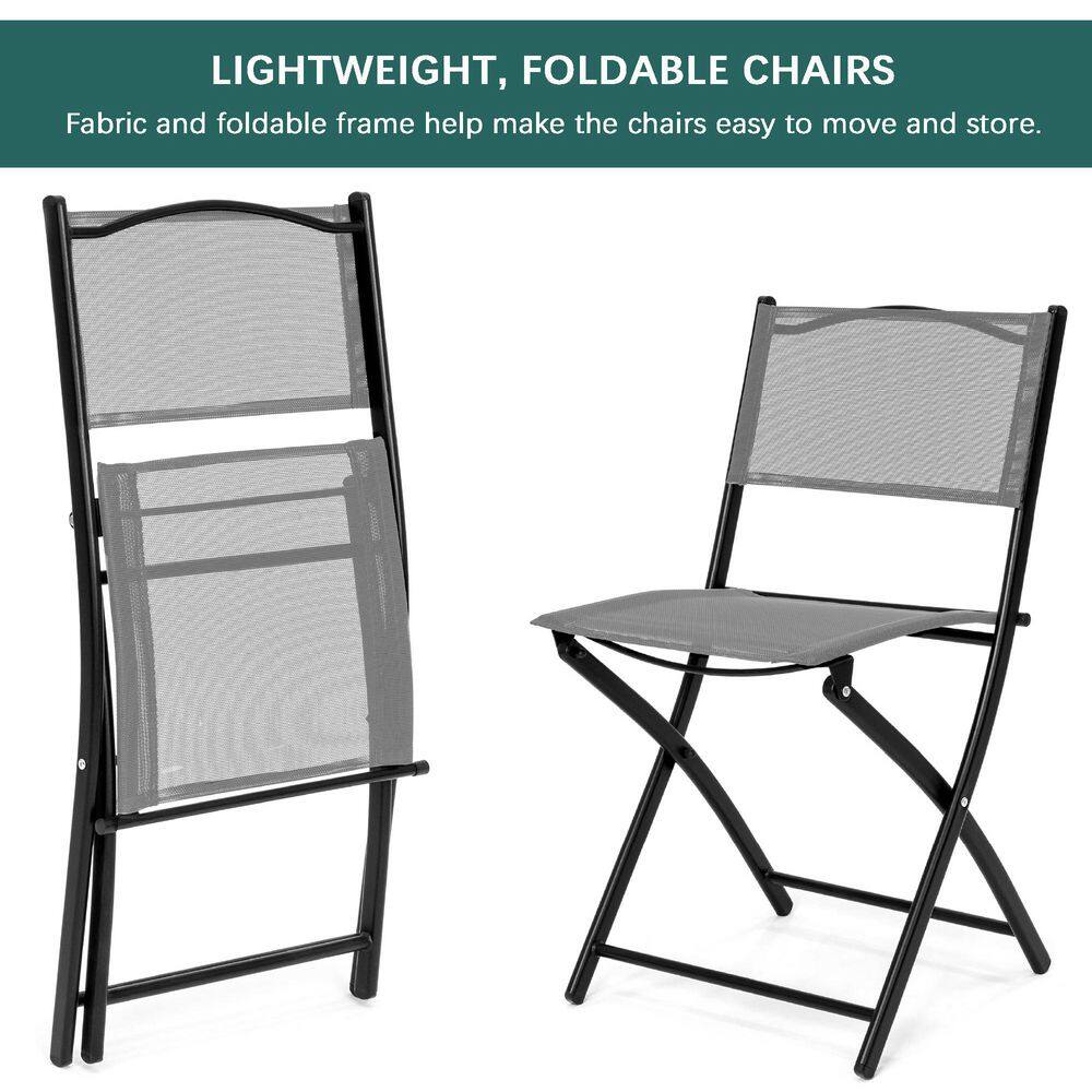 Gray 3-Piece Patio Bistro Set with Glass Tabletop and Folding Chairs
