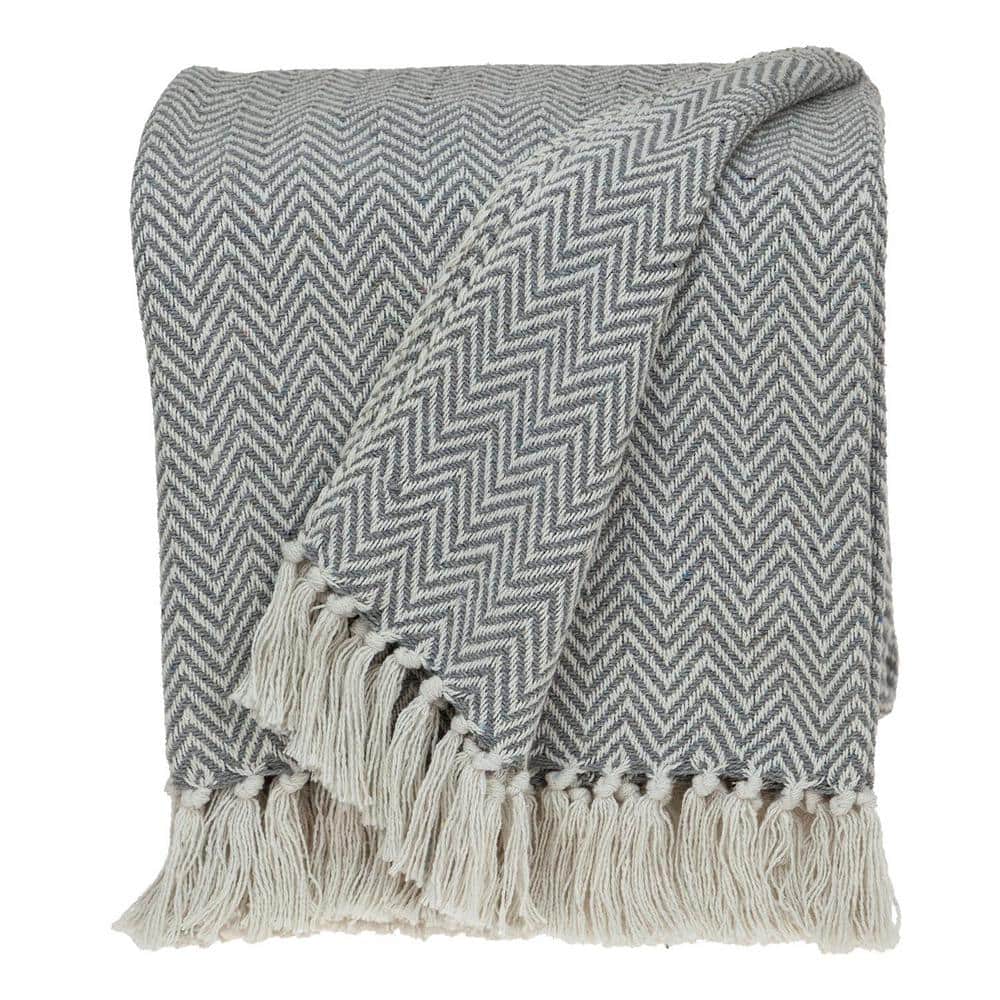 Gray and Off-White Hand Woven Cotton Throw Blanket