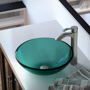 Glass Vessel Sink in Emerald with 726 Faucet and Pop-Up Drain in Brushed Nickel