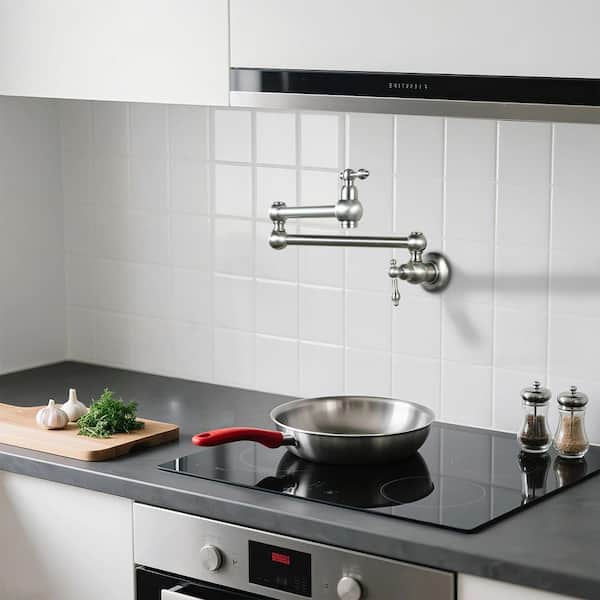 Wall Mounted Pot Filler with Level Handle in Brushed Nickel