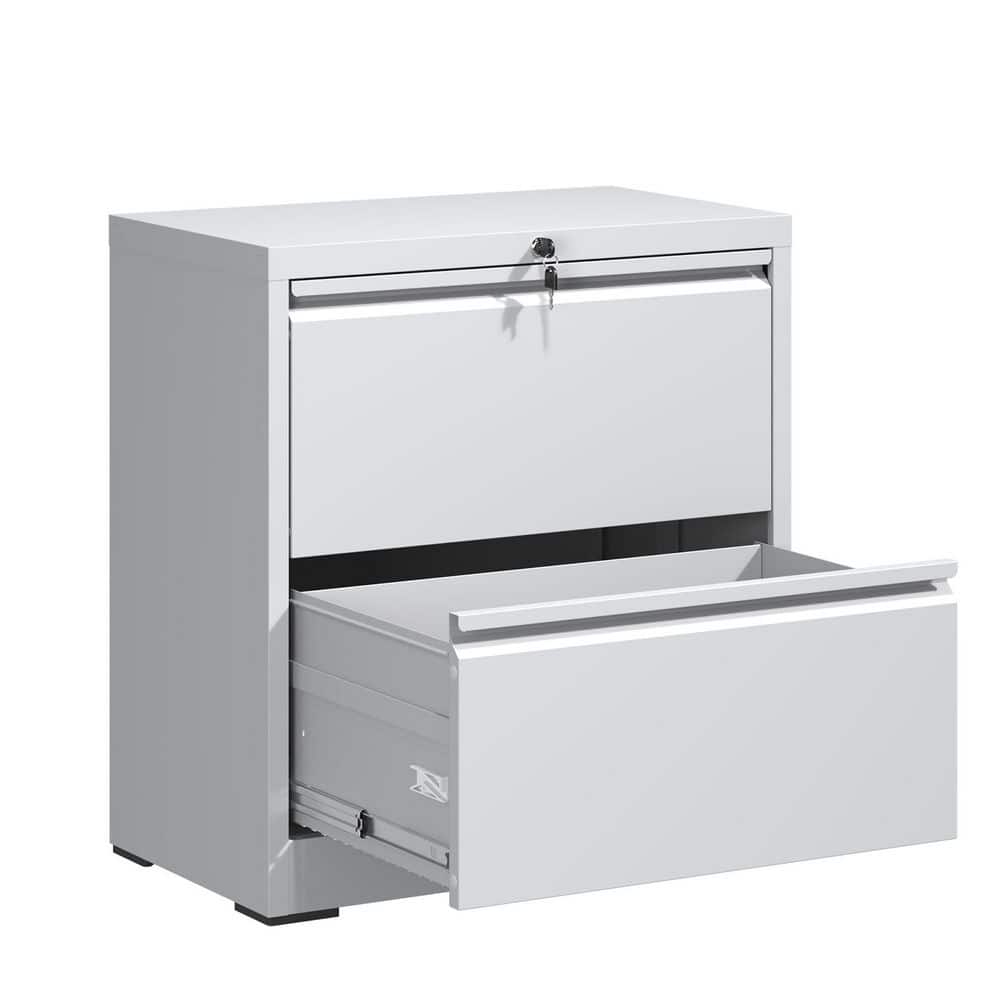 White 2-drawer metal vertical file cabinet with one drawer open.
