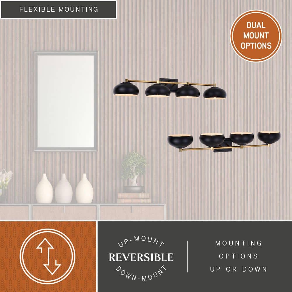 Matte Black and Satin Brass 4-Light Dimmable Vanity Fixture
