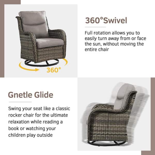 Smiley 6-Piece Gray Wicker Patio Conversation Set with Gray Cushions, Outdoor Swivel Glider with Matching Side Table