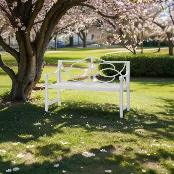 Unbranded White 50.50 in. Metal Garden Patio Outdoor Bench with Backrest and Armrest