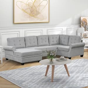 120 in. W Nailhead Trim Rolled Arm U-Shaped Linen Fabric Modern Sectional Sofa in. Gray