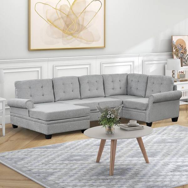 Harper & Bright Designs 120 in. W Nailhead Trim Rolled Arm U-Shaped Linen Fabric Modern Sectional Sofa in. Gray