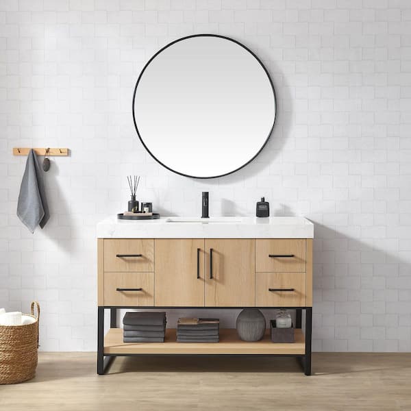 Kolkata 48 in.W x 22 in.D x 34 in.D Single Bath Vanity in Weathered Oak with White Engineered Stone Top