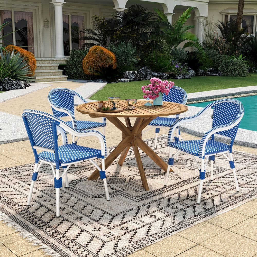 Iris 5-Piece White+Blue Metal Patio Outdoor Dining Set with Dining Chair and Teak Round Dining Table price history on PriceWatchPro
