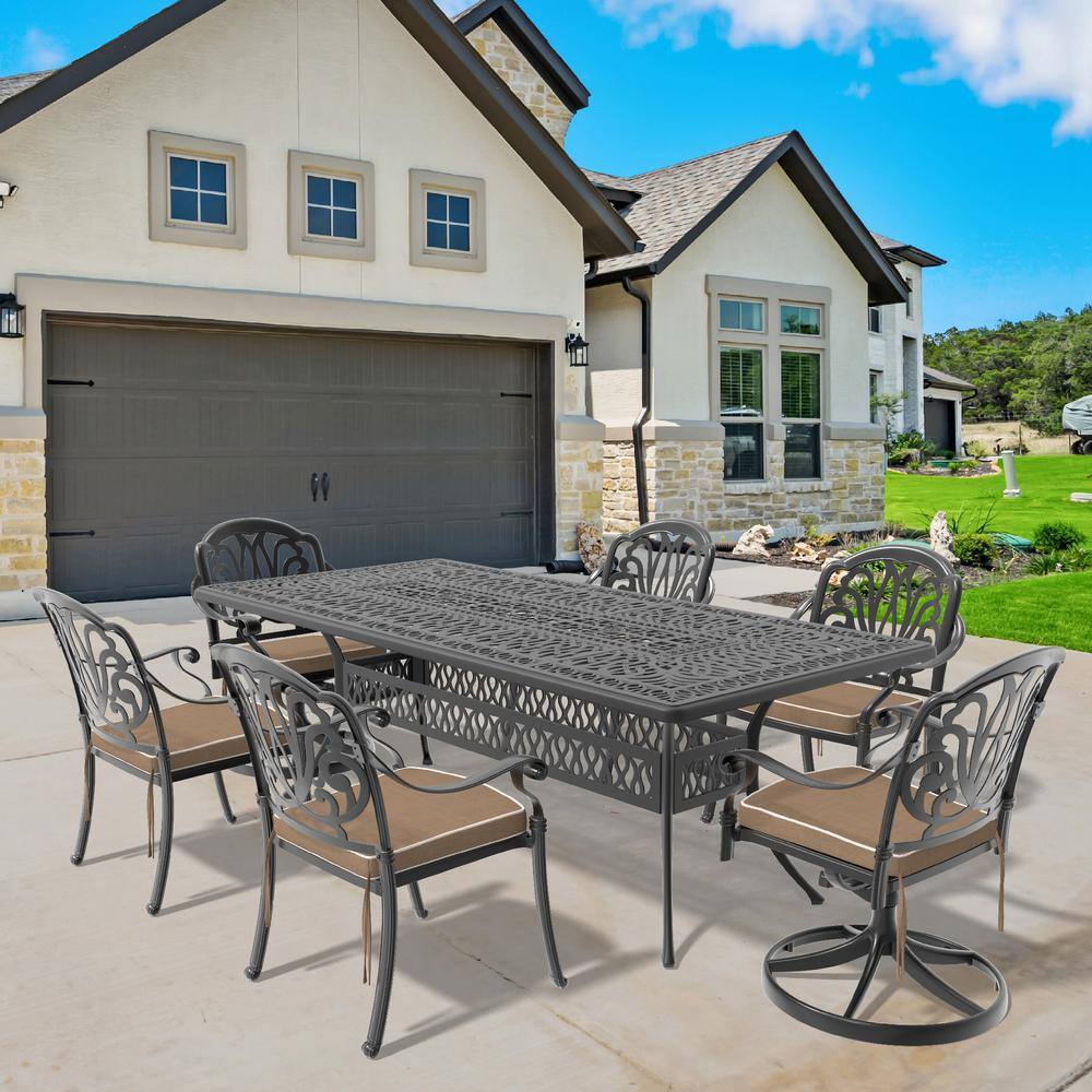 Elizabeth 7-Piece Cast Aluminum Outdoor Dining Set with Rectangular Table and Swivel Dining Chairs with Brown Cushion