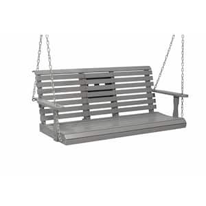 2 Person Grey Wood Porch Swing with Armrest and Cup Holders