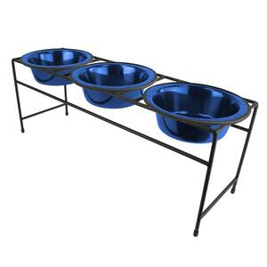 Modern Triple Diner Feeder with Stainless Steel Cat/Dog Bowls, Sapphire Blue