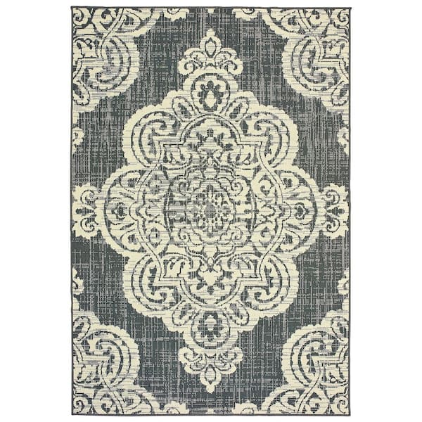 AVERLEY HOME Sienna Gray/Ivory 7 ft. x 10 ft. Medallion Indoor/Outdoor Patio Area Rug