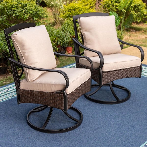 8-Piece Metal Outdoor Dining Set with CushionGuard Beige Cushions Wicker Swivel Rockers and Navy Umbrella