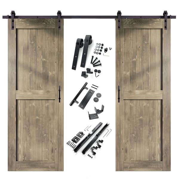 HOMACER 30 in. x 96 in. H-Frame Classic Gray Double Pine Wood Interior Sliding Barn Door with Hardware Kit, Non-Bypass