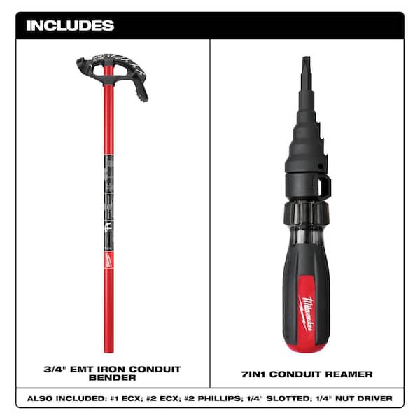 3/4 in. Iron Conduit Bender and Handle with 7-in-1 Conduit Reaming Multi-Bit Screwdriver