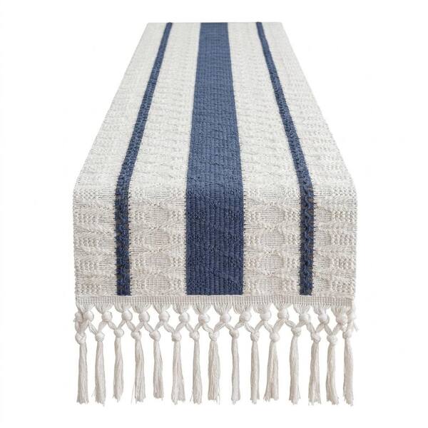 12 in. W x 72 in. L Blue Striped Cotton Boho Table Runner with Tassels for Table Decor 1 Pack