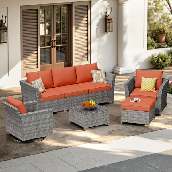OVIOS Bexley Gray 7-Piece Wicker Patio Conversation Seating Set with Orange Red Cushions and Swivel Chairs