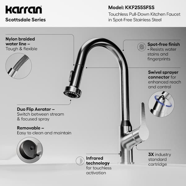 Karran Scottsdale 16-1/8 in. Single Handle Touchless Pull-Down Sprayer Kitchen Faucet 360° Spout in Spot-Free Stainless Steel - image 4