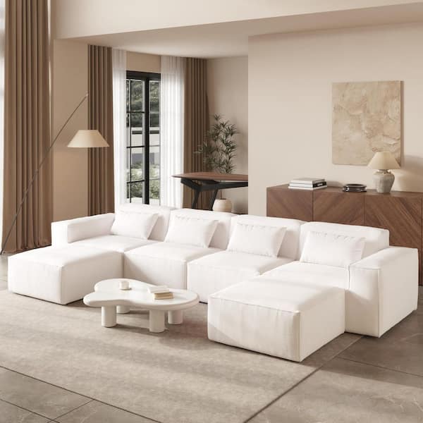 Oversized 149 in. Square Arm 6-Piece Velvet 4-Seater Modular Sectional Sofa in Beige with Ottomans, No Assembly Required