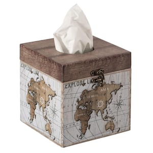 Facial Square Tissue Box Holder for Your Bathroom, Office or Vanity with Decorative World Map Design