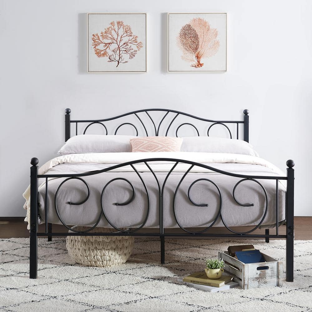Victorian Black Metal Queen Platform Bed Frame with Headboard and Footboard