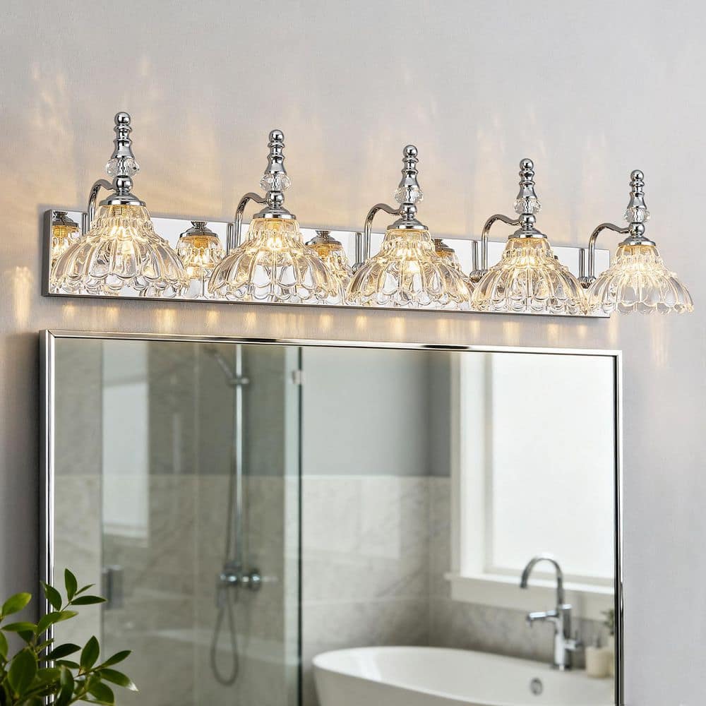 Home Lighting 38.58 in. 5-Light Chrome Vintage Bathroom Vanity Light with Flower Glass Shade Over Mirror for Bathroom price history on PriceWatchPro