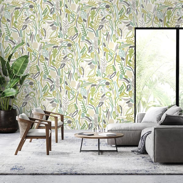 Verdure Lime Green Painted Botanical Botanical Paper Washable Wallpaper Roll