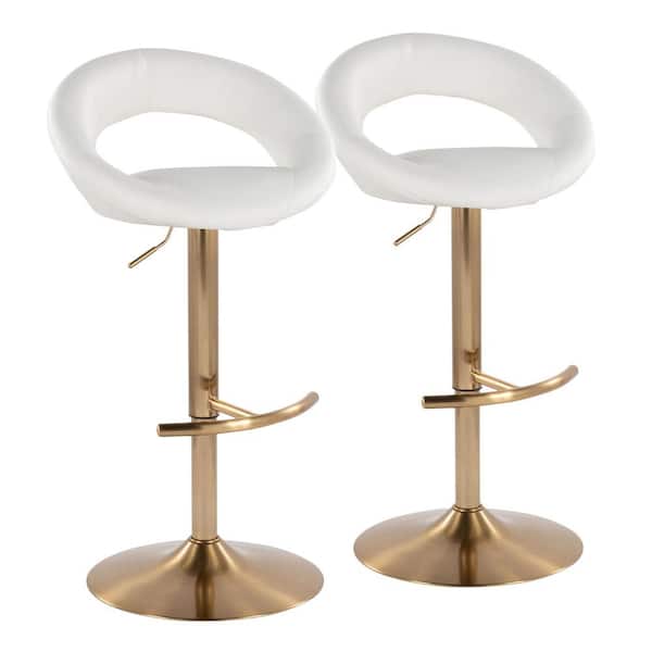 Lumisource Posh 33.25 in. White Faux Leather and Gold Metal Adjustable Bar Stool (Set of 2)