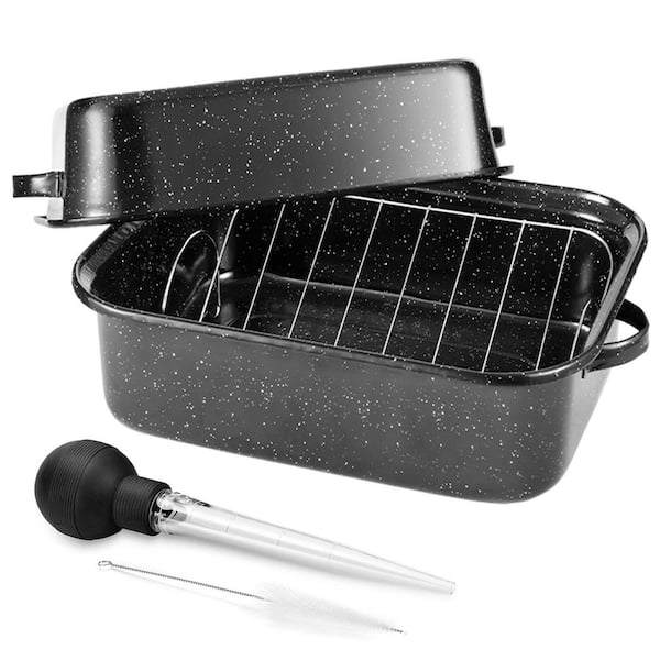 6.4 qt. Carbon Steel Roasting Pan with V-Rack, Versatile Lid and Bone Turkey Baster, Large Roaster Pan for Baking Turkey