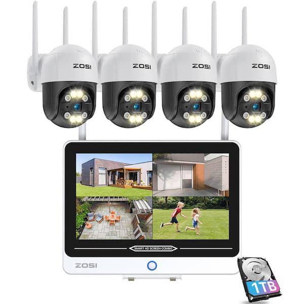 ZOSI 8-Channel 3MP Wi-Fi 1TB NVR Security Camera System with Four 360 Pan Tilt Wired Outdoor Cameras and 12.5 in. LCD Monitor