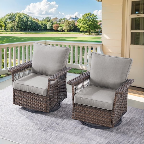 Seagull 4-Piece Brown Wicker Patio Conversation Set with Gray Cushions and Patio Swivel Chairs/Ottoman