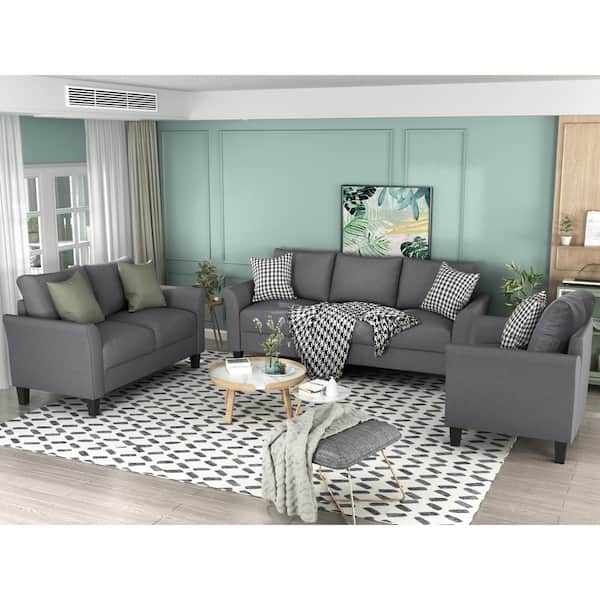 GODEER 3-Piece Polyester Top Gray Sofa Set, Living Room Set