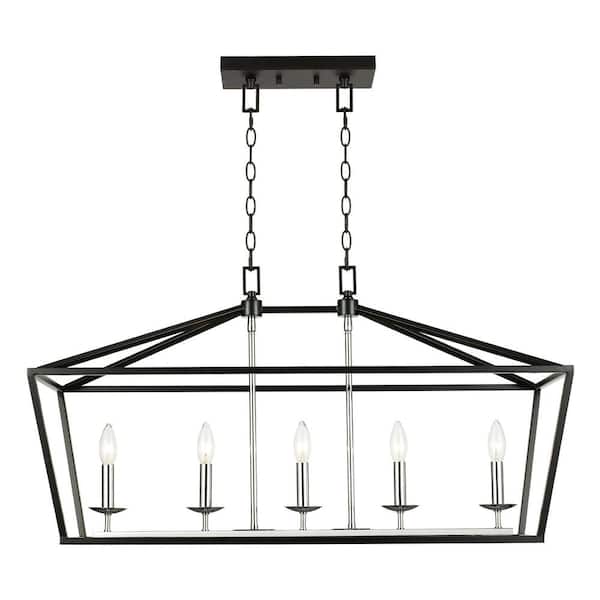 Bel Air Lighting 5-Light Black and Polished Chrome Caged Chandelier for Dining Room or Kitchen Island