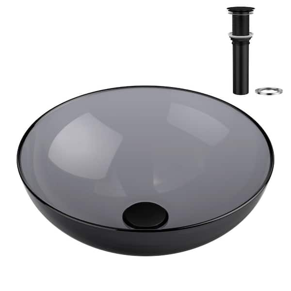 15.5 in. Vessel Round Sink Bathroom Sink with Drain in Black Glass